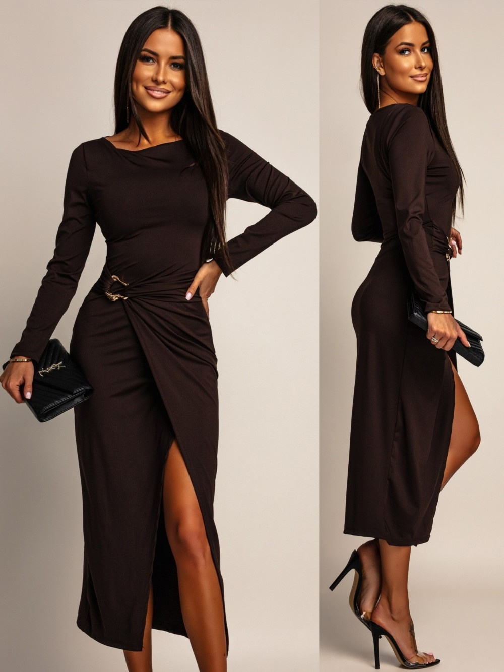ELEGANCKA SUKIENKA MIDI ZE ZDOBIENIEM Ananya  czekoladowa